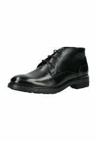 Botas de tobillo de cuero negro con una textura suave, puntera redonda y diseño de cordones. Cuentan con una suela robusta con un ligero relieve para mayor agarre.