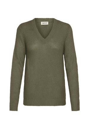 Olive green knitted sweater with a V-neck, long sleeves, and ribbed hem. Features a textured pattern and standard fit. Made of soft material.