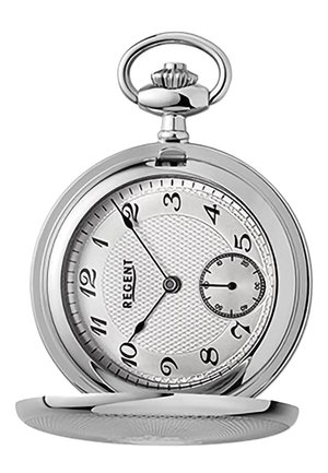 Zilveren zakhorloge met een gestructureerde witte wijzerplaat, zwarte cijfers en een kleine subdial. Het heeft een ronde kast en een decoratieve kroon.