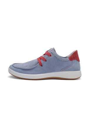 Light blue suede sneakers with red laces, rounded toe, and a contrasting red heel accent. White rubber sole with textured tread.