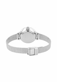 Silberne Uhr mit einem Mesh-Armband, runder Gehäuseform, auffälliger Krone und einem Verschluss, der eine glatte, metallische Oberfläche und ein minimalistisches Design aufweist.