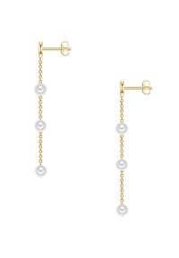 Zelta krāsas auskarus ar ķēdes dizainu, kuros vienmērīgā attālumā izvietoti trīs baltie pērles. Vienkārša stud aizdare.