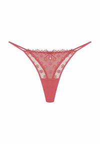 Spitzen-Thong in zartem Rosa mit floralem Stickmuster und transparentem Netz vorne, mit solidem Rücken und feiner Borte.