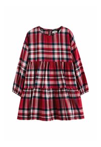 Robe écossaise rouge à manches longues, avec des volants froncés, un col rond et une fermeture à boutons au dos. Le tissu a une finition douce et texturée.