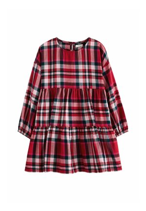 Rotes kariertes Kleid mit langen Ärmeln, gerafften Stufen, rundem Ausschnitt und Knopfverschluss auf der Rückseite. Der Stoff hat eine weiche, strukturierte Oberfläche.