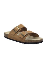 Brown suede sandal with two adjustable buckles, cork footbed, and black rubber outsole. Open-toe design. Smooth inner lining.