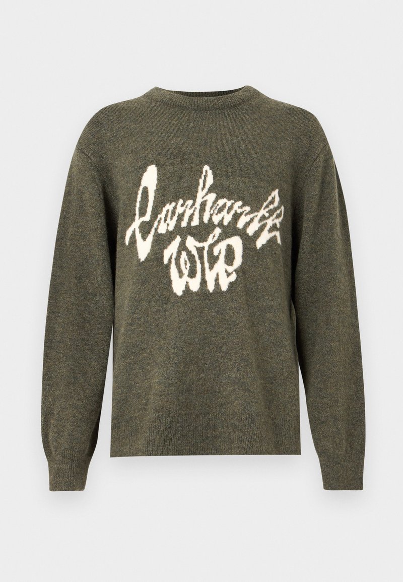 Olíva zöld kötött pulóver kerek nyakkal, elöl fehér grafikai nyomattal, amelyen a "Carhartt WIP" felirat hullámos betűtípussal szerepel.