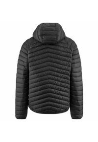 Giubbotto nero imbottito con cappuccio, caratterizzato da un design a zigzag e una textura liscia. Il retro è semplice con un colletto leggermente rialzato.