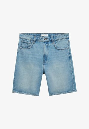 Svetlomodré džínsové šortky s voľným strihom, obsahujúce dizajn s piatimi vreckami, pútka na opasok a jedno gombíkové zapínanie v páse.