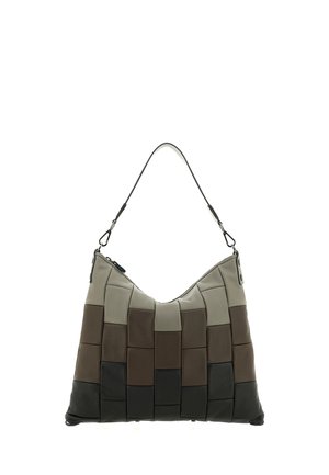 Borsa patchwork in pelle in tonalità di grigio, marrone e nero con una tracolla staccabile e chiusura con zip.