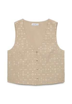 Beige ärmellose Crop-Weste mit vorne mit Stoff bezogenen Knöpfen und weißen, bestickten Stern- und Sonnenmustern.