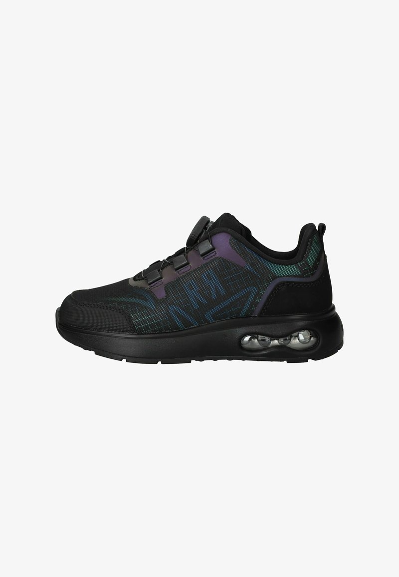 Black athletic sneaker with blue and purple accents, mesh upper, visible air cushion sole, and dial lace closure system, shown in side view.