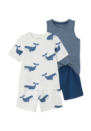 Children’s two-piece outfit: white short-sleeve shirt and shorts with blue whale prints, paired with navy and white striped sleeveless top and solid navy shorts.