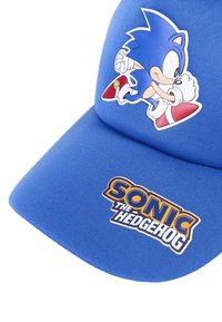 Blaue Mütze mit dem laufenden Sonic the Hedgehog-Charakter und dem "Sonic the Hedgehog"-Textlogo auf dem Schirm.