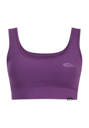 Paarse sportbeha met een gladde textuur, een vierkante halslijn en brede bandjes. Heeft een klein logo aan de linkerkant en een effen kleurontwerp.
