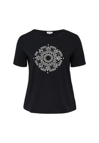 Zwarte korte mouwen T-shirt van katoen, met een witte geometrische print in het midden, ronde halslijn en een ontspannen pasvorm.