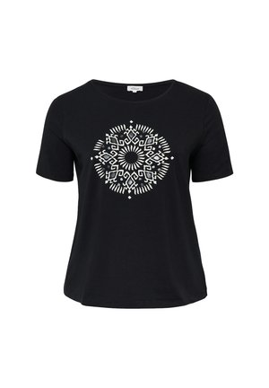 Schwarzes T-Shirt mit kurzen Ärmeln aus Baumwolle, mit einem weißen geometrischen Design in der Mitte, Rundhalsausschnitt und lässiger Passform.