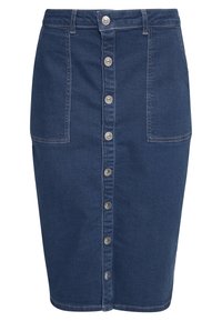 Denim pencil skirt in dark blue with front button closure, two side pockets, and contrast stitching. Features a fitted silhouette.