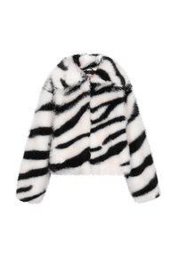 Nepvachtjack met een zwart-wit zebra-gestreept patroon, ritssluiting, hoge kraag en een cropped ontwerp met een zachte textuur.