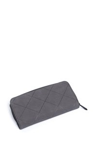 Gray wallet with a quilted pattern, made of textured material, featuring a zipper closure and a slim rectangular shape.