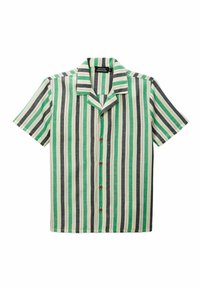 Chemise à manches courtes avec boutons, présentant des rayures verticales en vert, bleu foncé et beige. Le matériau semble léger avec un col classique.