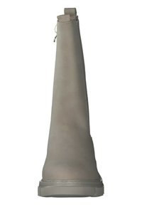 Bottes beige clair jusqu'au genou avec une texture lisse, fermeture éclair et bout rond, dotées d'une semelle en caoutchouc plate pour plus de stabilité.