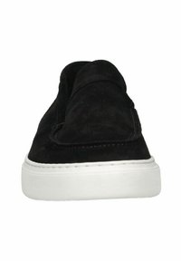Black suede slip-on shoe with a rounded toe, white rubber sole, and stitched detailing across the upper for added texture.