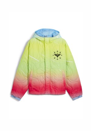 Personne portant une veste matelassée vert clair avec une fermeture éclair bleue et un emblème noir brodé représentant un numéro un ailé entouré d'étoiles.