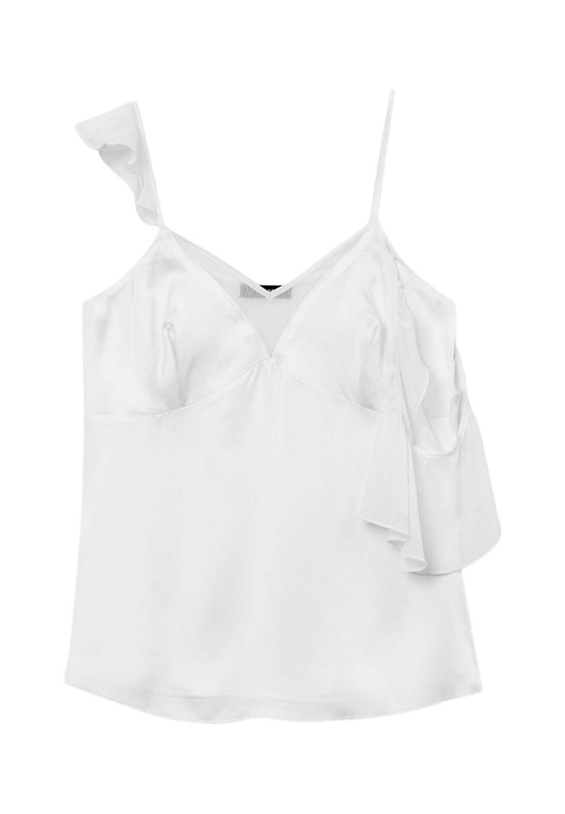 Blusa bianca senza maniche con scollo a V, una spallina arricciata e una texture in satin liscia. Presenta una vestibilità comoda e spacchi laterali.