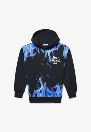 Felpa nera con design in fiamme blu e testo bianco "KEEP IT REAL" sul davanti, con maniche lunghe e polsini a coste.