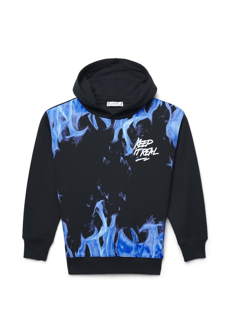 Felpa nera con design in fiamme blu e testo bianco "KEEP IT REAL" sul davanti, con maniche lunghe e polsini a coste.