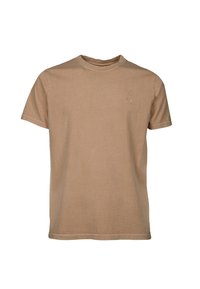 Bruine katoenen t-shirt met een klassieke ronde hals, korte mouwen en een klein geborduurd olifantenlogo op de borst. Glad textuur.