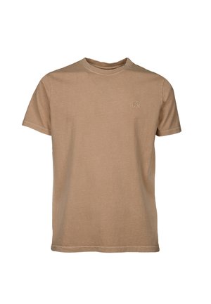Brown cotton t-shirt with a classic crew neck, short sleeves, and a small embroidered elephant logo on the chest. Smooth texture.