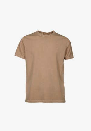 Brown cotton t-shirt with a classic crew neck, short sleeves, and a small embroidered elephant logo on the chest. Smooth texture.
