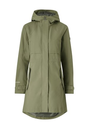 Khaki regnjakke med hætte, frontlynlås, to sidelommer og justerbare manchetter. Blød tekstur med et let forlænget design.