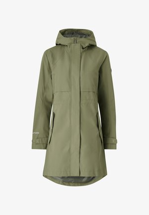 Giacca antipioggia color khaki con cappuccio, chiusura frontale con zip, due tasche laterali e polsini regolabili. Texture morbida con un design leggermente allungato.