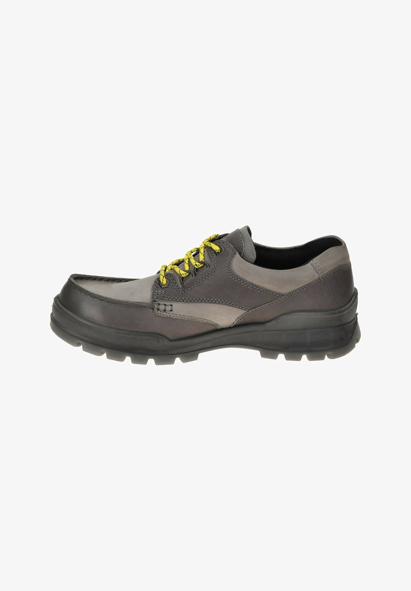 Gray hiking shoe with a textured leather upper, black rubber sole, and yellow laces. Features a reinforced toe and cushioned collar.