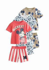 Collection of children's clothing featuring three t-shirts and two pairs of shorts, decorated with Mickey Mouse motifs in various colors and patterns.