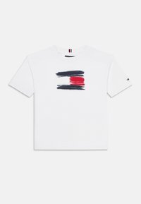 White cotton t-shirt featuring a brushstroke design in navy, red, and white at the center. Short sleeves and a classic crew neckline.