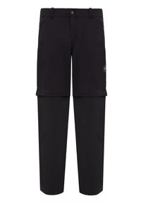 Pantalons de randonnée convertibles noirs avec une fonctionnalité zip-off. Fabriqués en tissu léger, avec des passants de ceinture et des poches latérales. Couture renforcée visible.