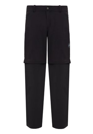 Black convertible hiking pants with a zip-off feature. Made of lightweight fabric, featuring belt loops and side pockets. Reinforced stitching visible.