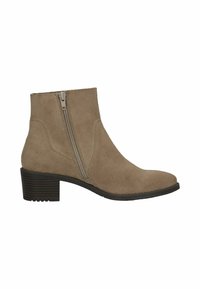 Hellbraune Wildleder-Ankle-Boots mit seitlichem Reißverschluss, niedrigem Blockabsatz und gestickten Details entlang der Nähte, mit einer glatten Oberfläche.