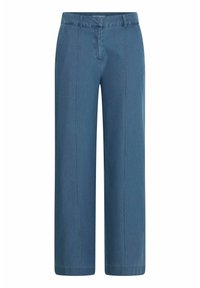 Wijdvallende broek van een gedempte blauwe stof. Heeft een zachte textuur, voorzakken en verticale stikdetails.