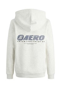 Hoodie gris clair avec une texture douce, arborant un grand motif "AERO" imprimé en bleu marine au dos et une capuche avec cordon.