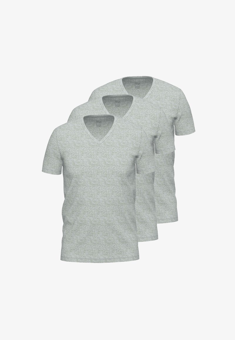 Tre magliette grigio chiaro a maniche corte a collo a v sono disposte in una pila. Ogni maglietta presenta un motivo di tessuto testurizzato.