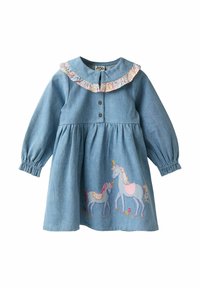 Denim kleita ar garajām piedurknēm, kroku apkakli un pogu priekšpusi. Satur izšūtas vienradzes rozā un zils krāsās ar krāsainām ziedu akcentiem.