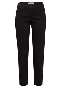 Pantaloni neri realizzati in un tessuto morbido. Presentano una chiusura con bottone, passanti per cintura e una vestibilità sartoriale con gamba dritta. Nessun motivo visibile.