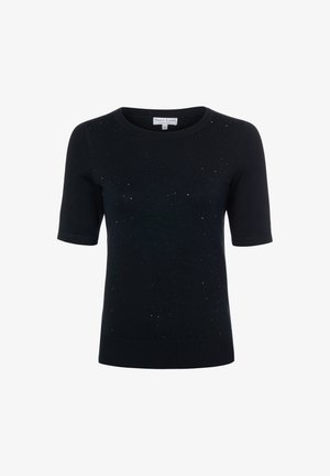 Czarny dzianinowy sweter z krótkim rękawem i okrągłym dekoltem, ozdobiony subtelnym brokatem, z prążkowanymi mankietami i linią dołu na wysokości talii.