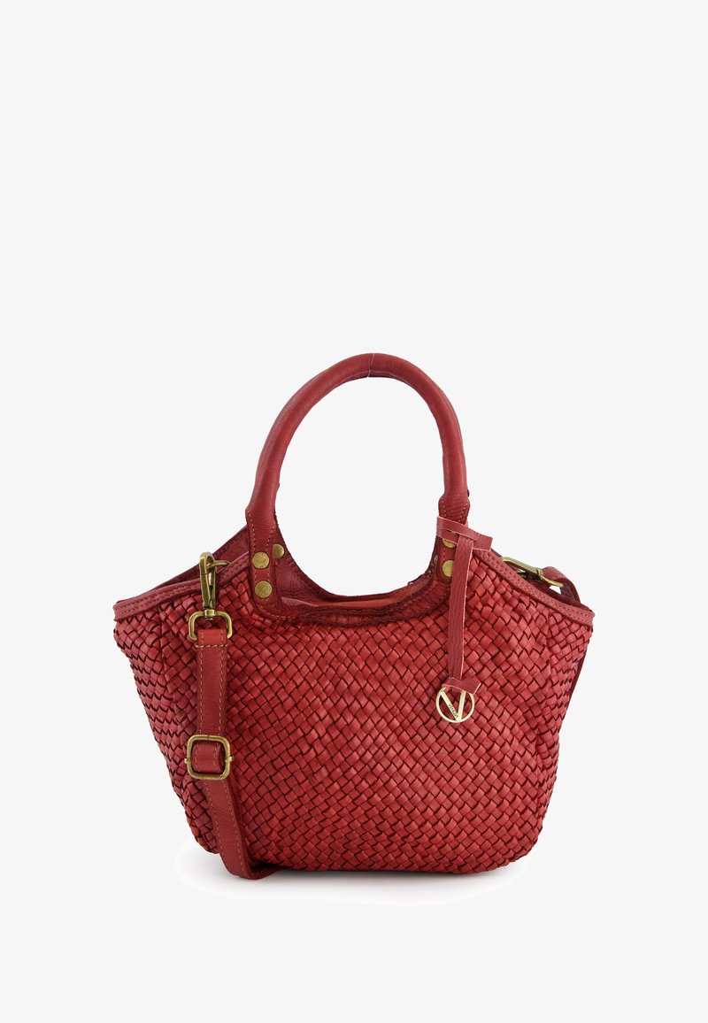 Red woven leather handbag with dual handles, detachable shoulder strap, gold hardware accents, and a decorative emblem. Textured finish.