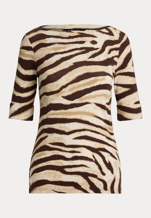Short-sleeve top with a wide neckline, featuring a beige and brown zebra stripe pattern, made from a soft, smooth fabric.